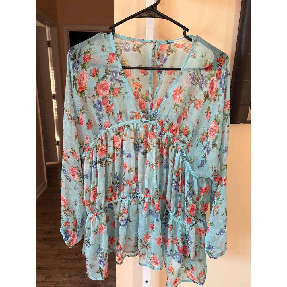 Easel Sheer Floral Babydoll Top Blue Pink Rose V-Neck Long Sleeve Blouse Medium